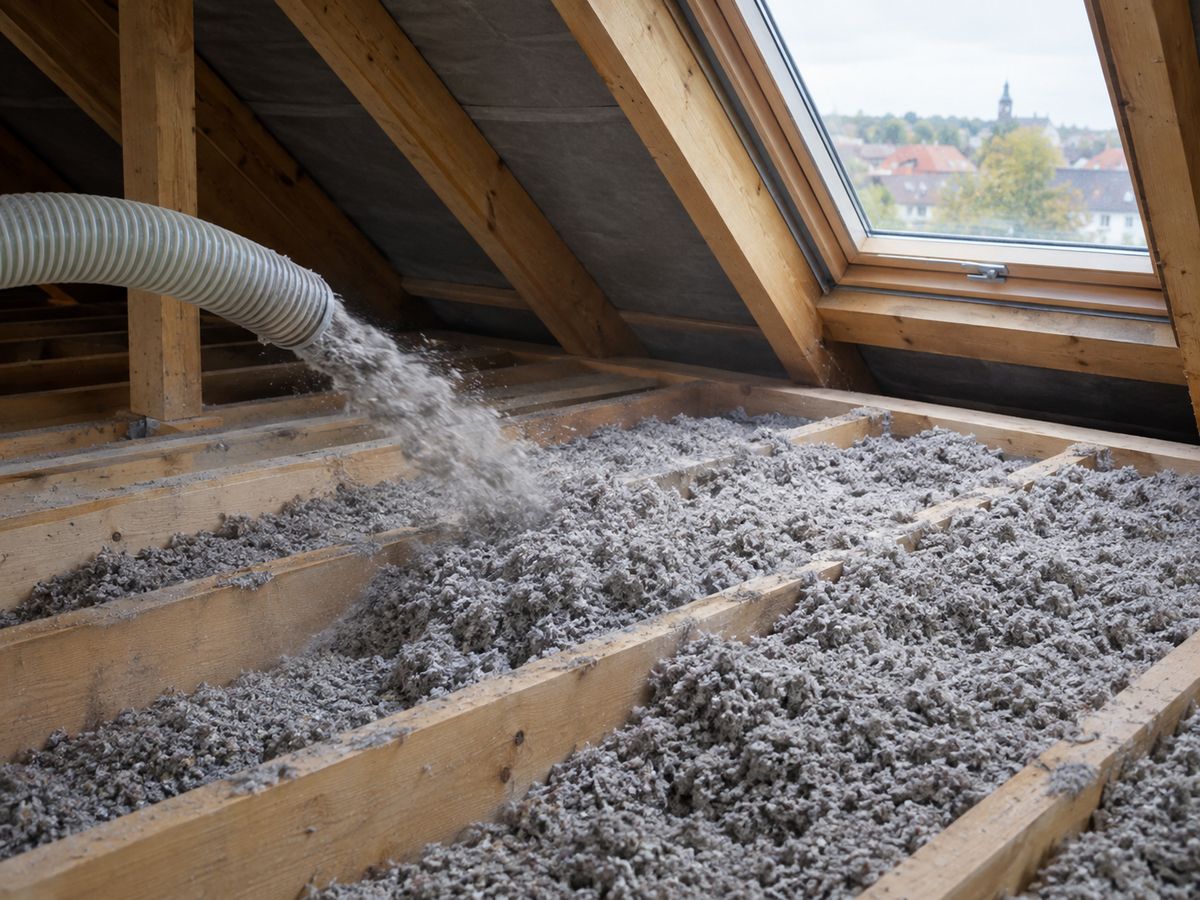 Einblasdämmung aus Zellulose wird zwischen die Balken einer Dachbodendecke eingeblasen